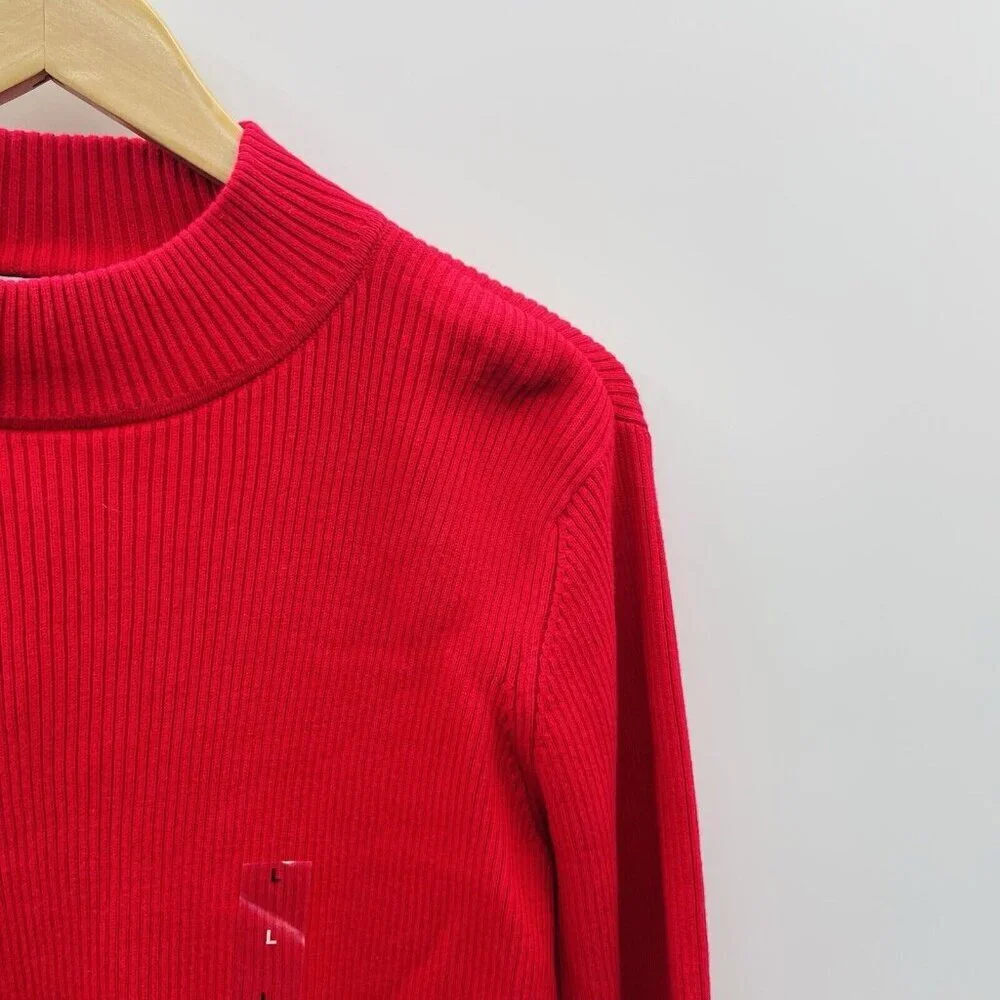 Karen Scott Womens Size Large Cotton Solid Rib Mock-Neck Sweater in New Red SW1